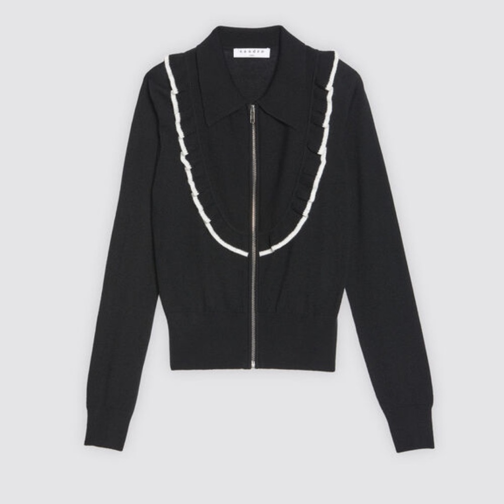 Sandro Paris zip up sweater with collar and frill detail
